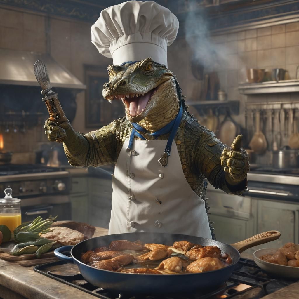 Catholic Crocodile Chef Cooking Chicken, Detailed Matte Pain...