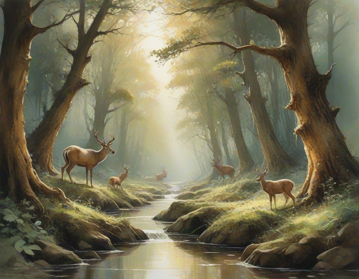 Mystical Woodland Scene with Sunlight and Deer