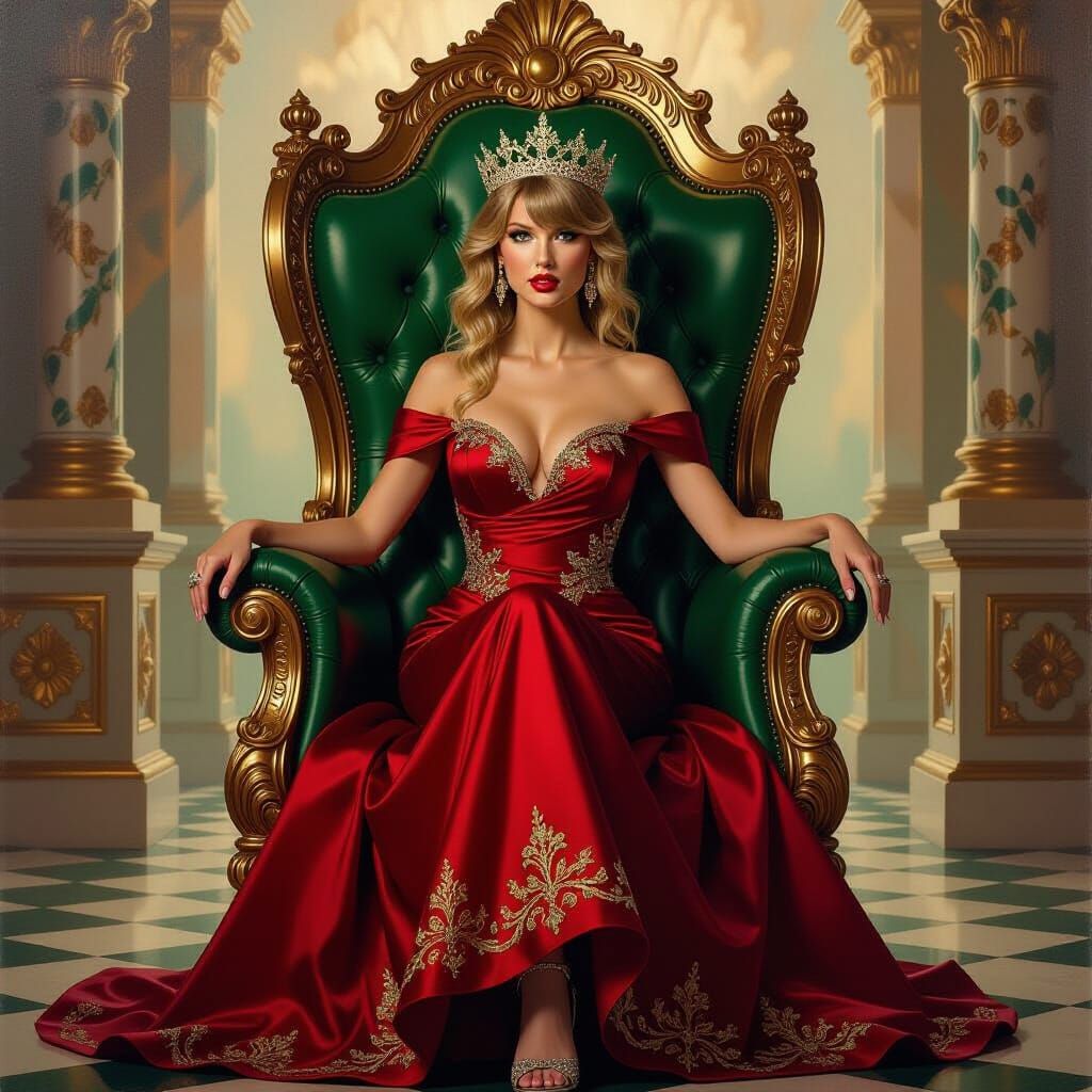 Regal Taylor Swift on Hexagonal Throne in Crimson & Jade Gow...