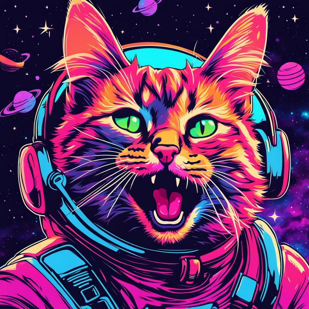 Smug Kitten Yawning in Neon Synthwave Space