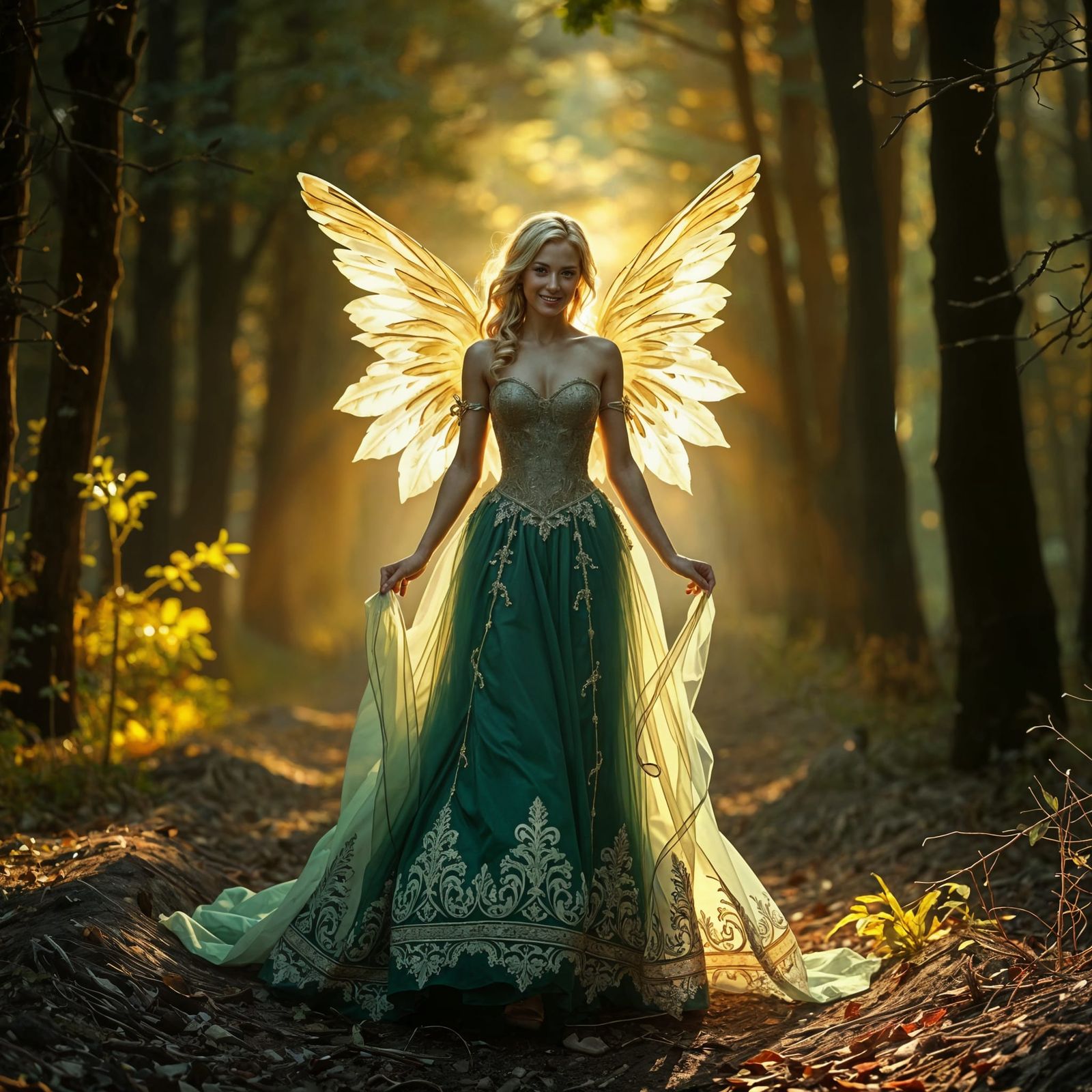 Golden Angel Walks Through a Vibrant Forest in Cinematic Sty...