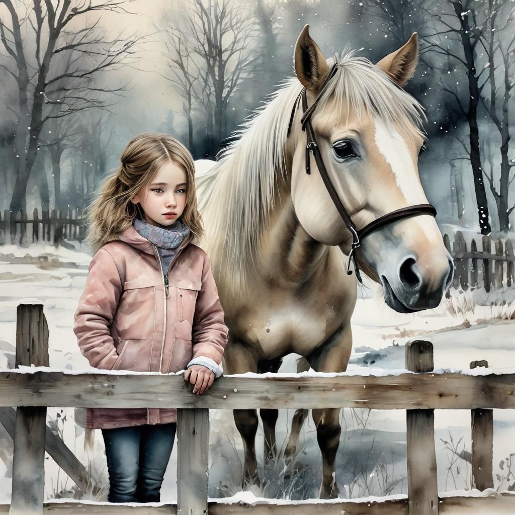 Girl and Pony in Winter Watercolor