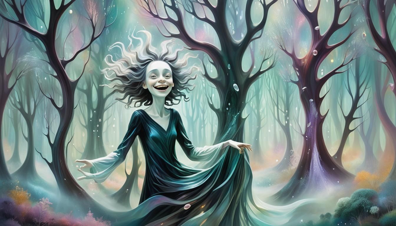 Floating Figure Laughing in Crystalline Forest