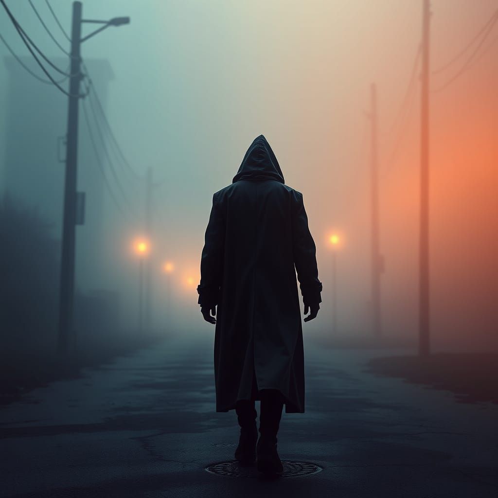 Mysterious Dawn Figure Walks Foggy Street in Moody Realism