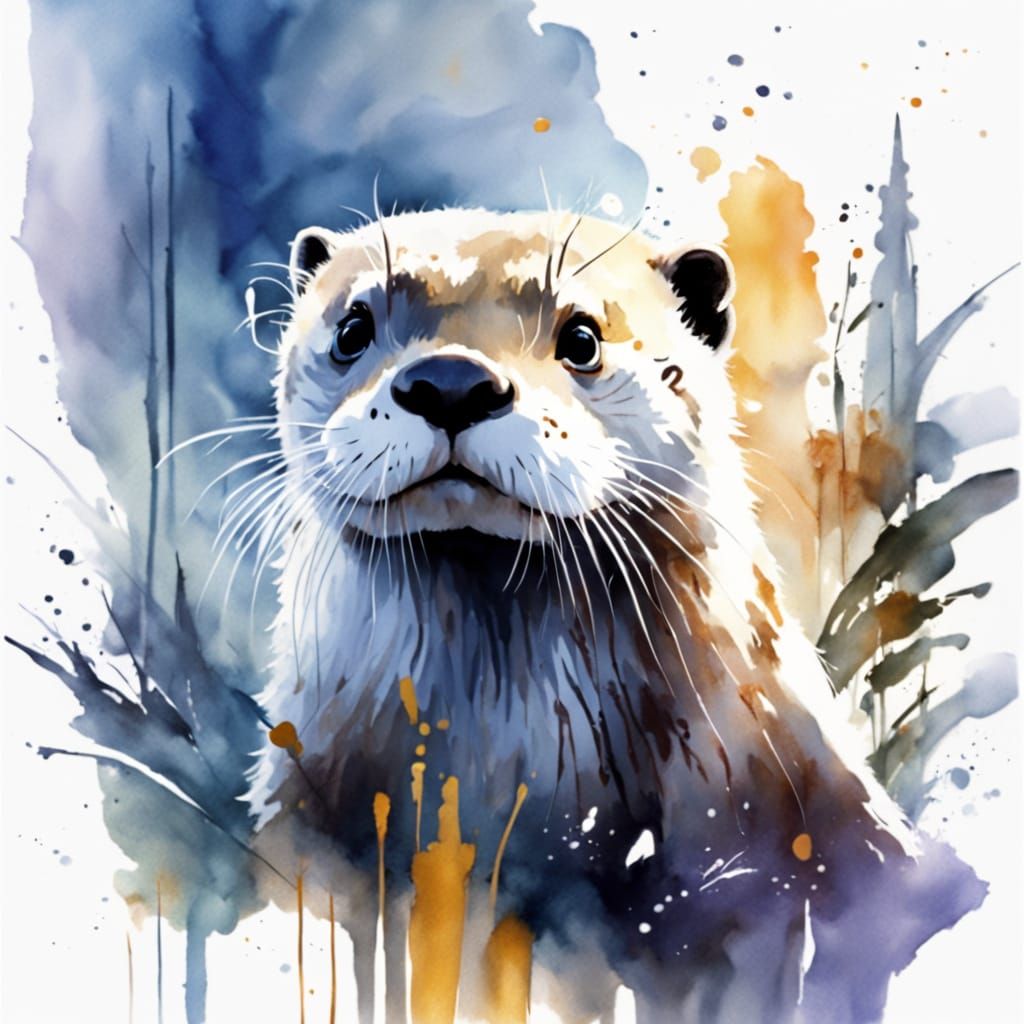 Whimsical Otter Builds Dam in Dreamy Watercolour Landscape
