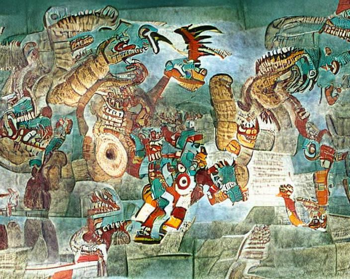 Mesoamerican Gods Defend Pyramid, Bonampak-Style Fresco