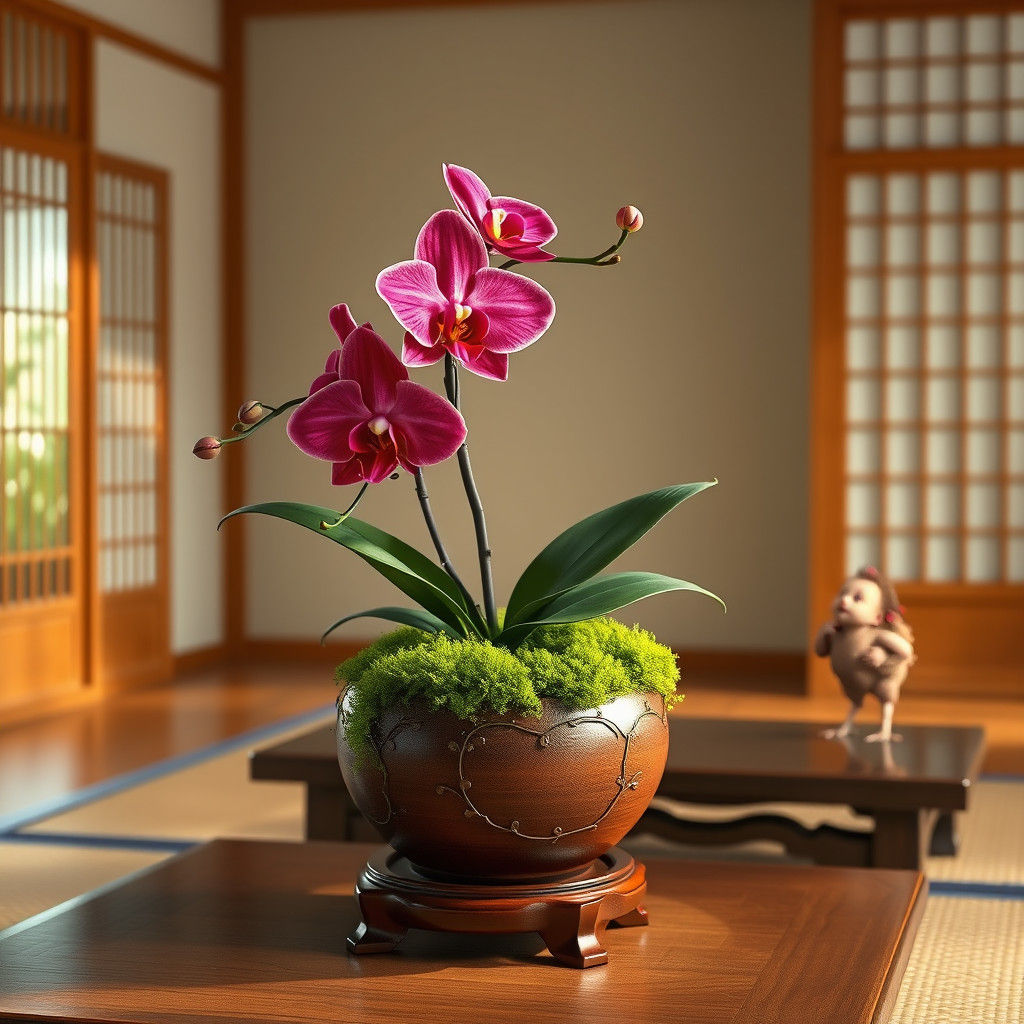 Red Orchid in Japanese Room, Dreamlike Matte Painting