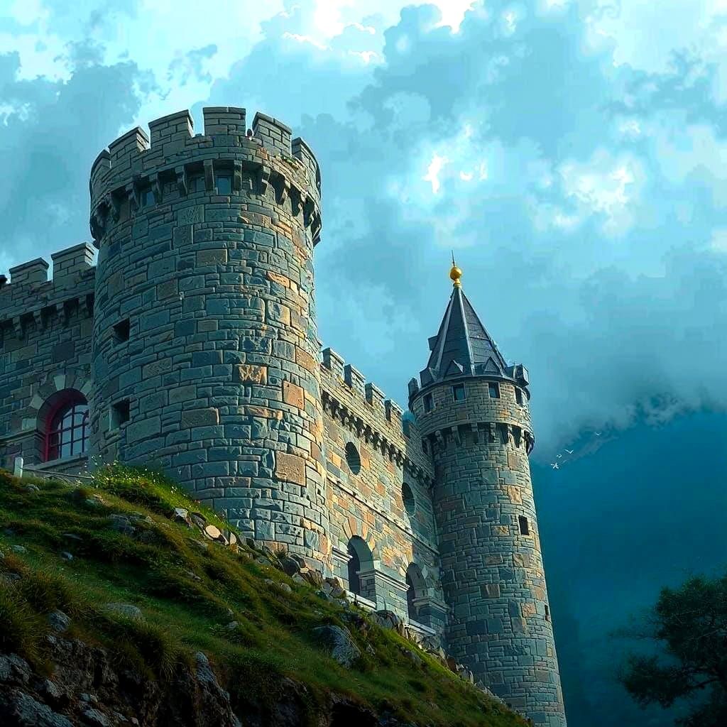 Ancient Castle Wall in Whimsical Landscape