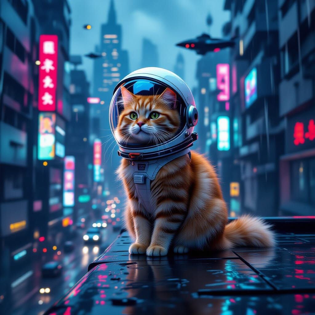 Ginger Cat in Astronaut Helmet on Cyberpunk Rooftop