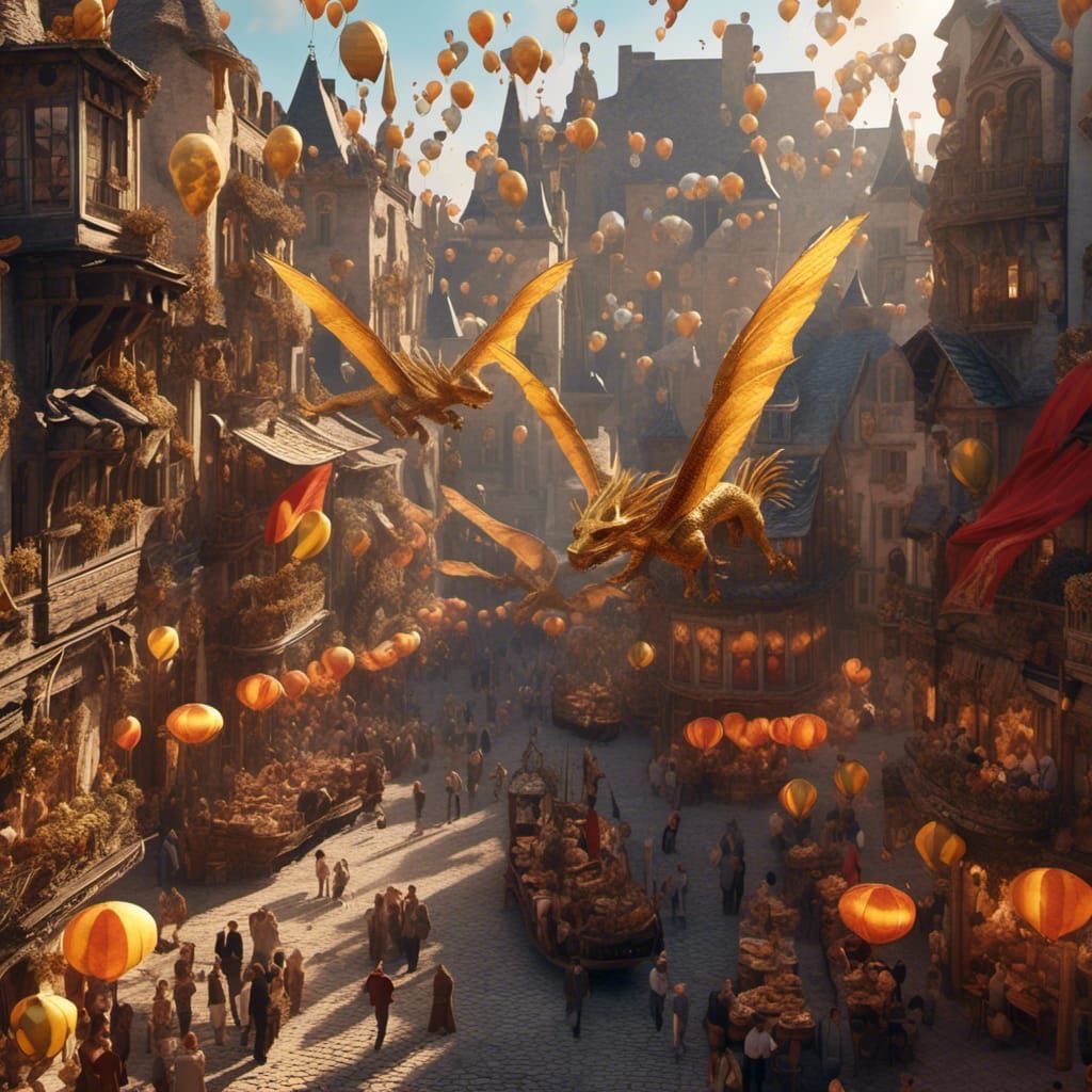 Festive Medieval City with Golden Dragon Kites