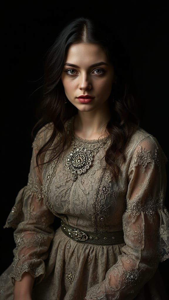 Regal Woman in Velvety Black Background with Intricate Detai...