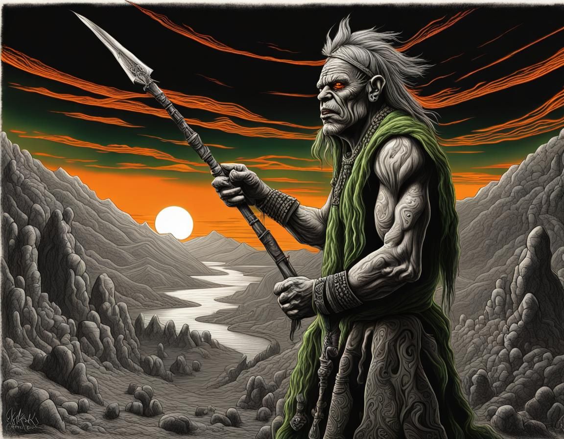 Orc Shaman Sunset: Dramatic Charcoal Art Deco Drawing