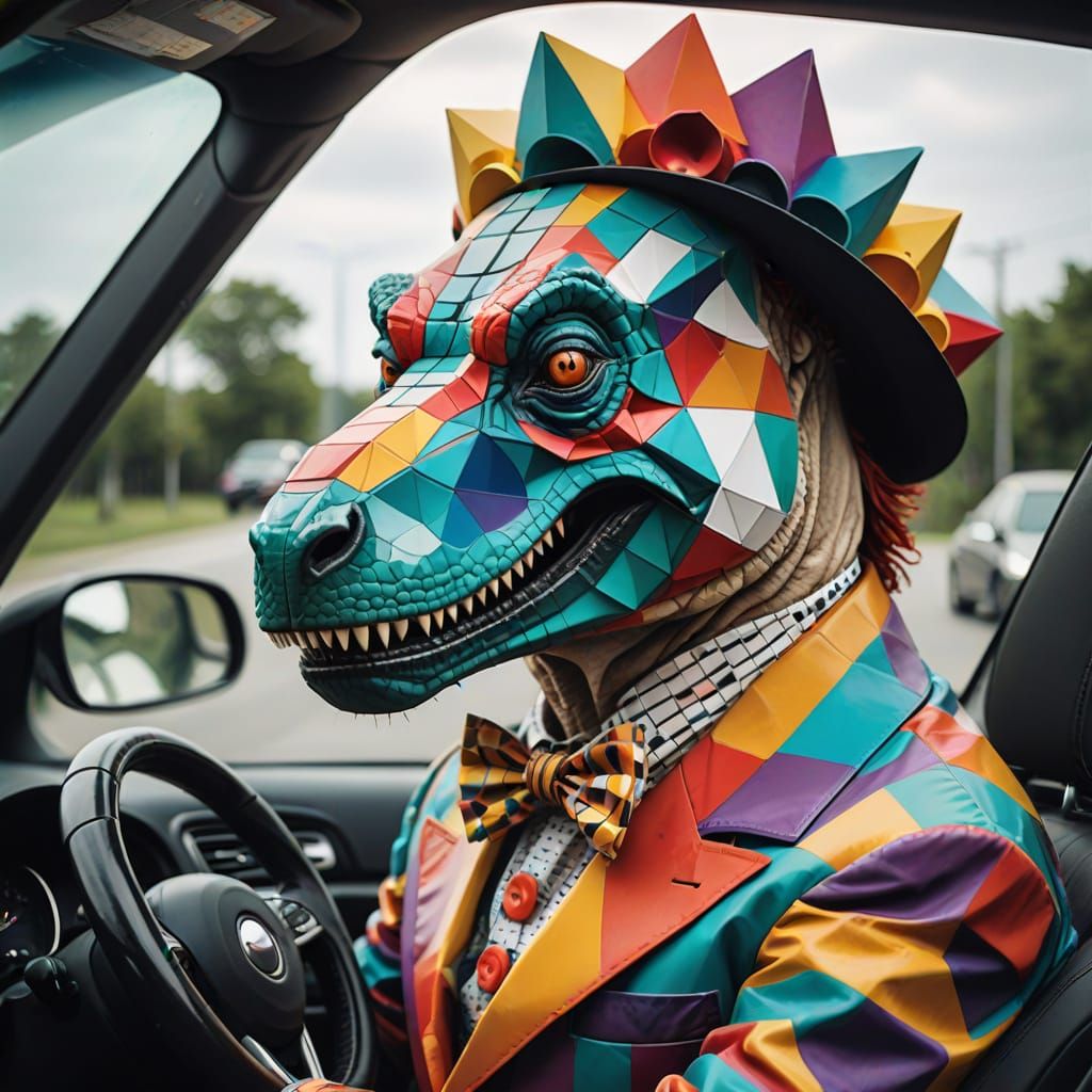 Abstract Geometric Portrait: Clown T-Rex Car Ride