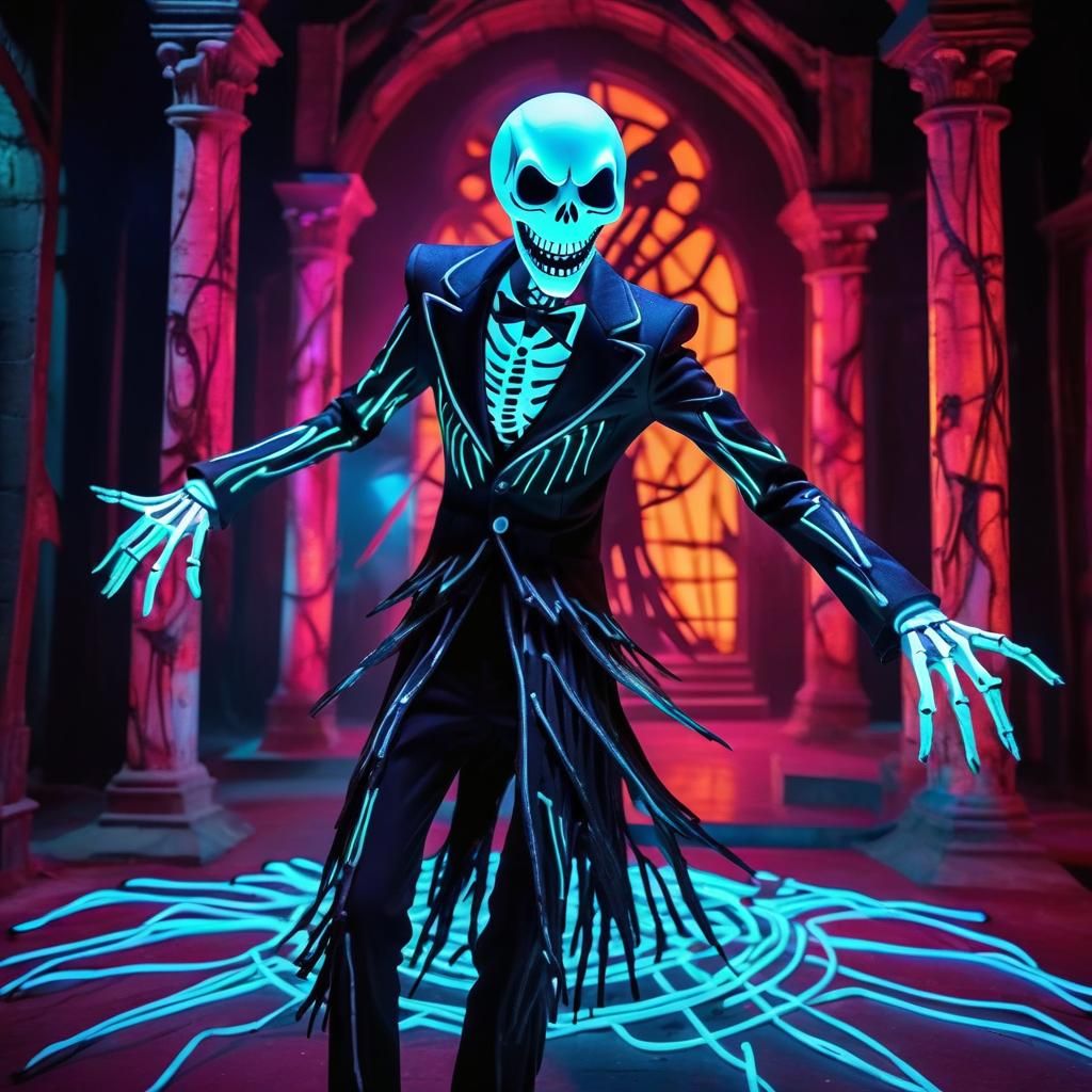 Neon Skeleton Dance in Horror Underworld