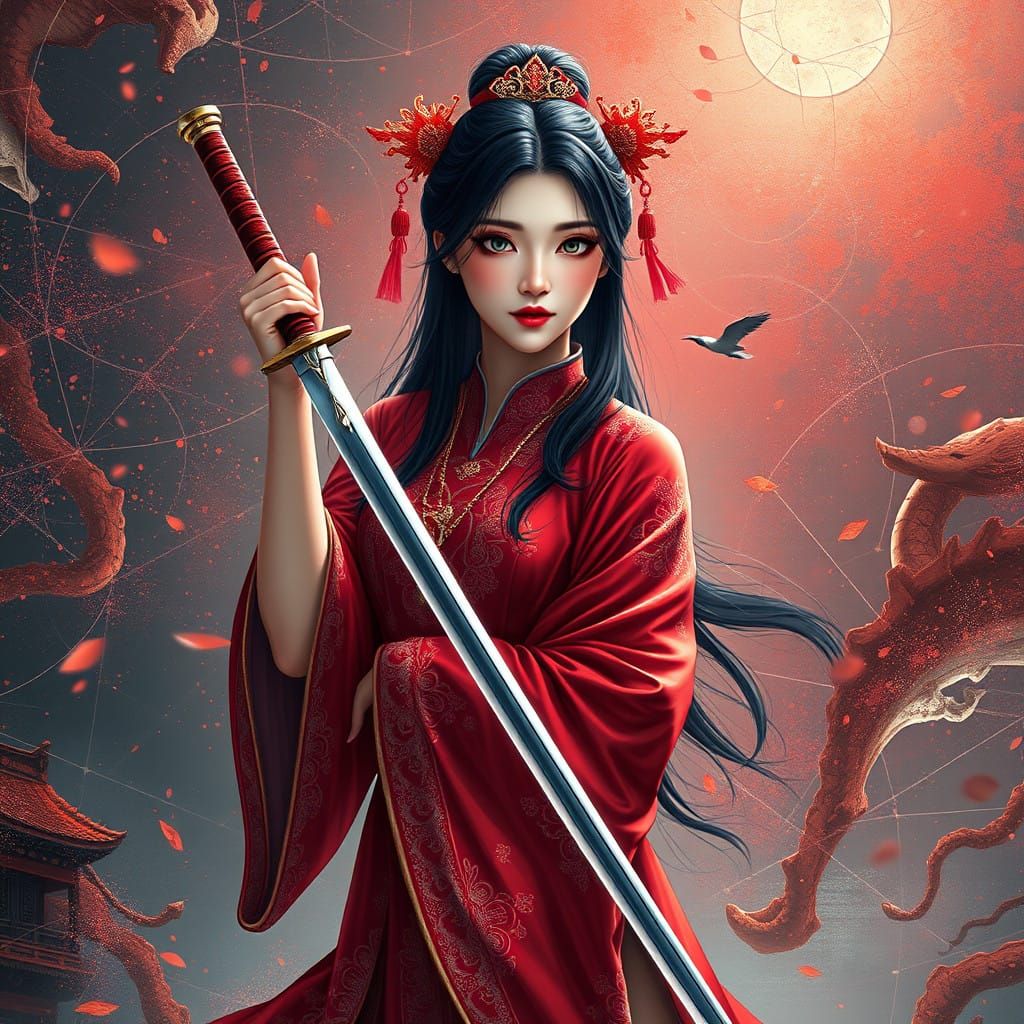 Asian Anime Goddess in Red Attire, Holding Sword, in Intrica...