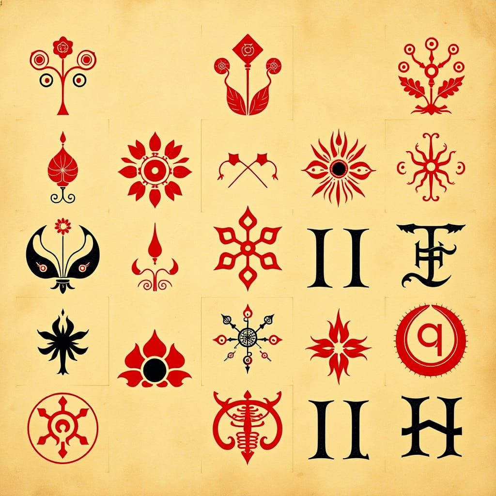 Ancient Symbols in Red and Black Grid
