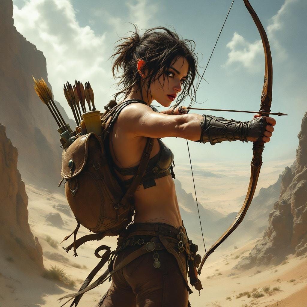 Fantasy Adventurer Aims Bow in Desert Landscape