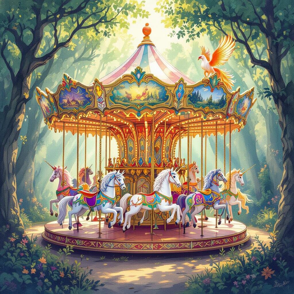 Enchanted Carousel with Mythical Creatures in Magical Forest