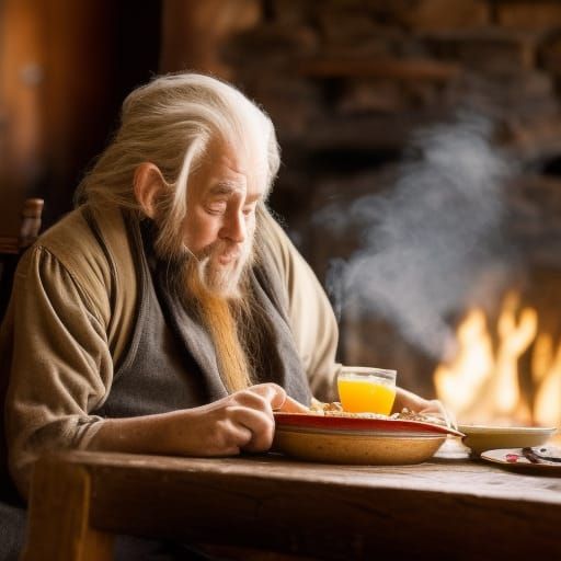 Disgusting old hobbit eating breakfast in an old run down ta...