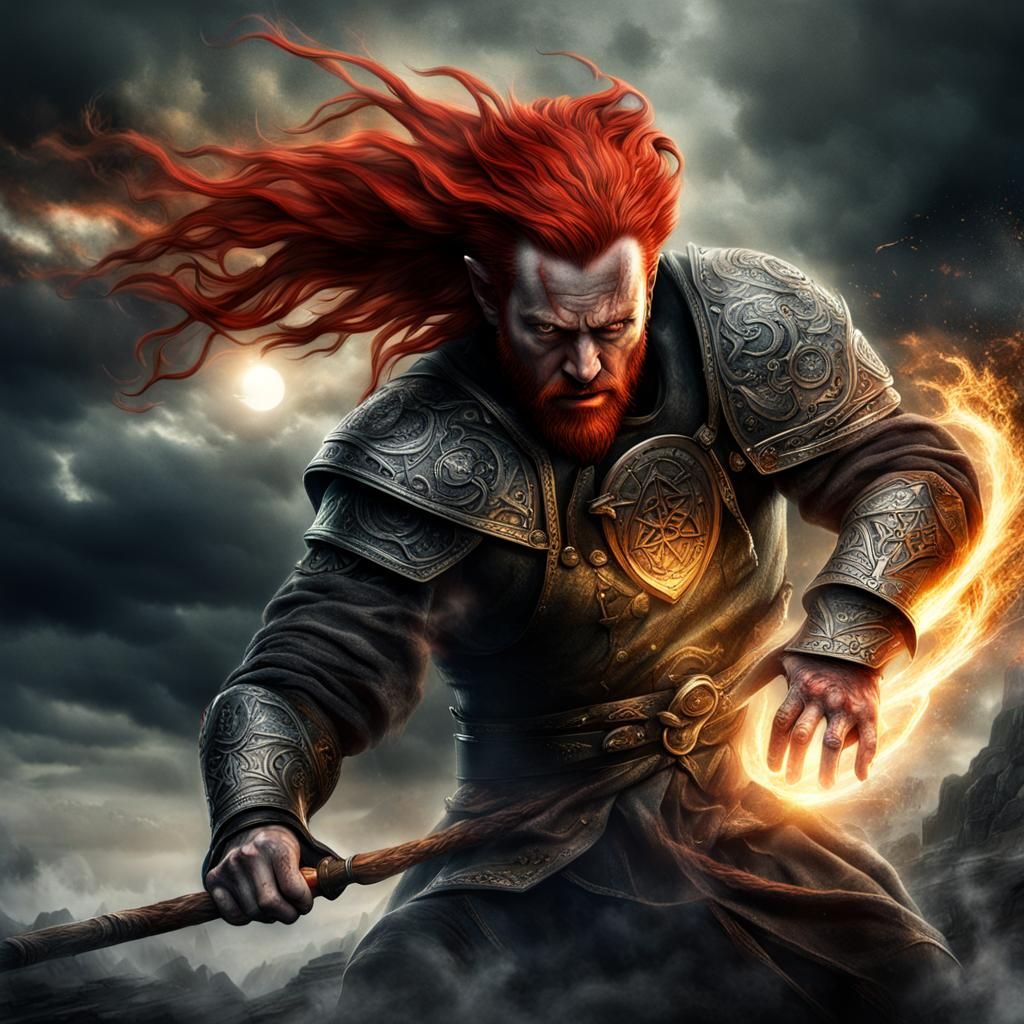 Fantasy Norse God Loki in Fiery Battle