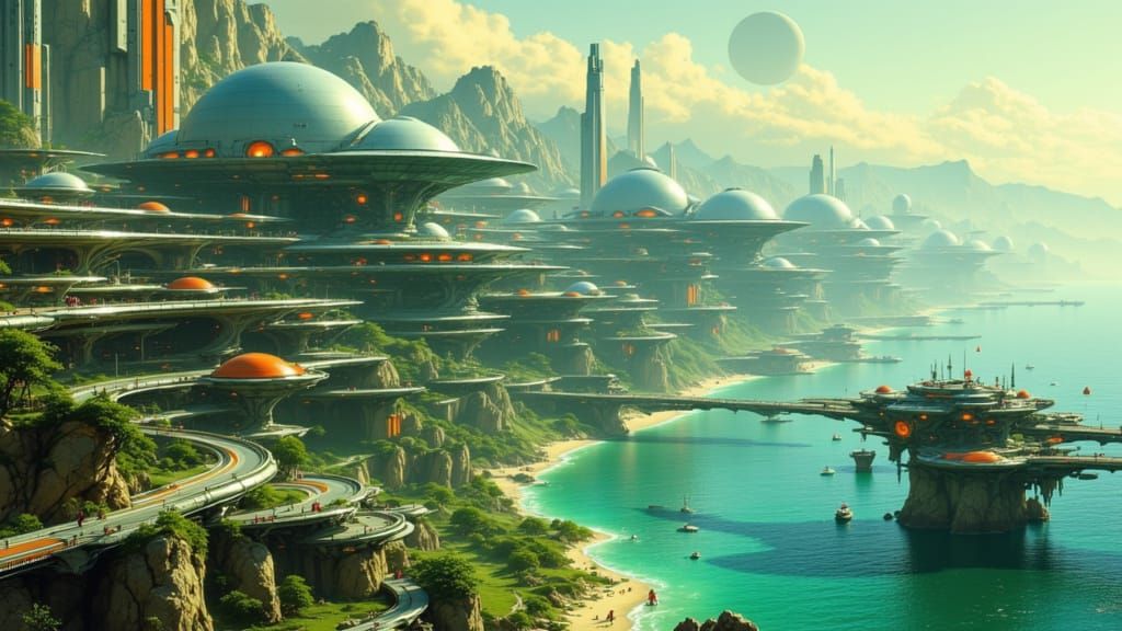 Noir Alien Metropolis with Starships and Two Moons