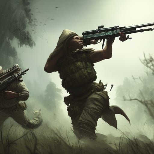 Poacher Aiming at Rhino in Dark Fantasy Style