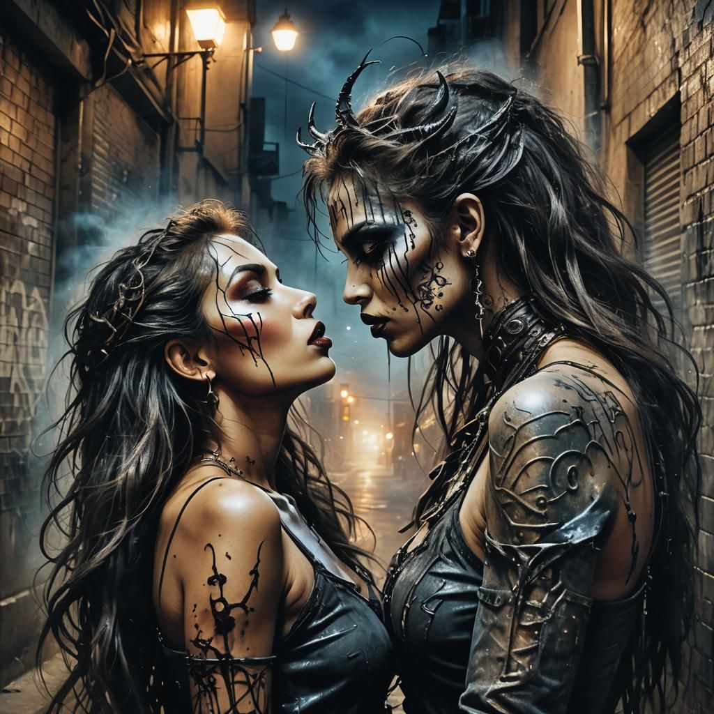 Demonic Kiss in Smoky Alleyway, Luis Royo Style