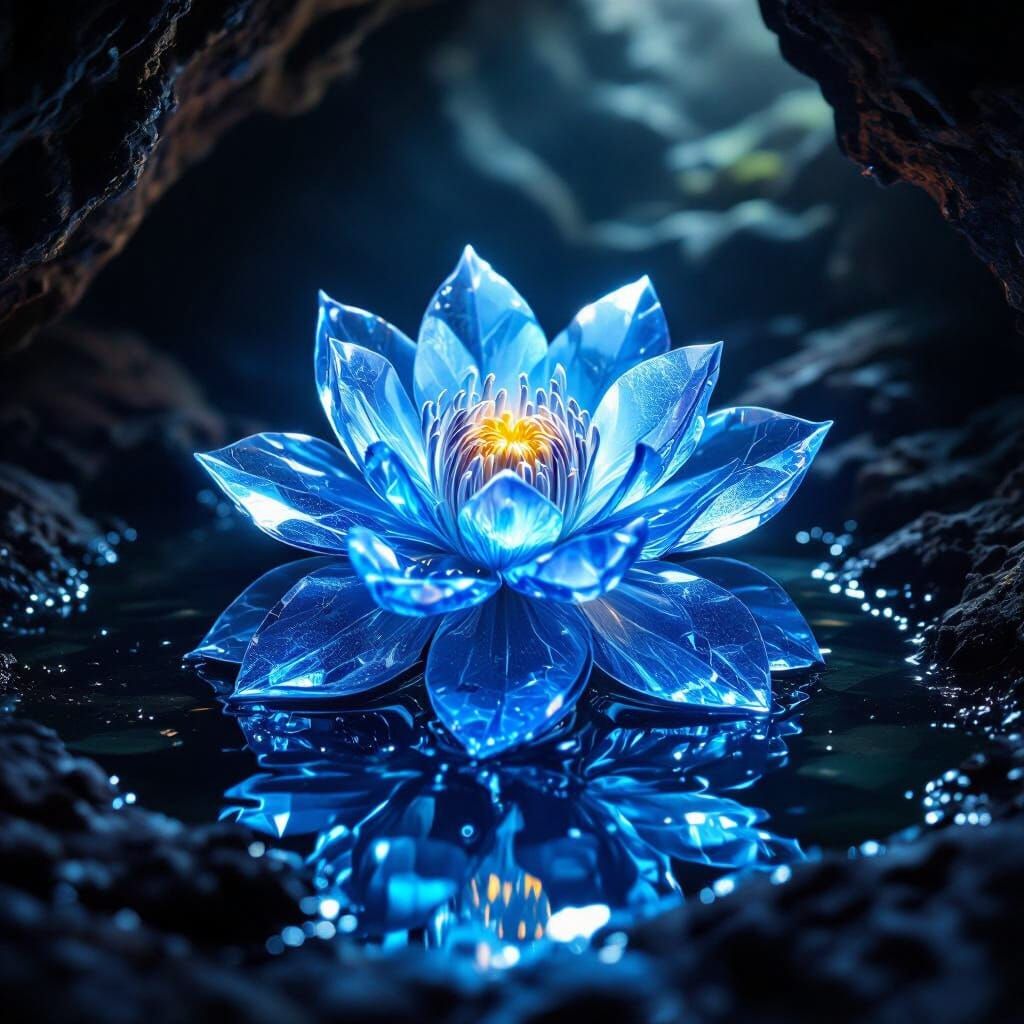 Glowing Crystal Mandrake Flower in Ancient Cave Pond