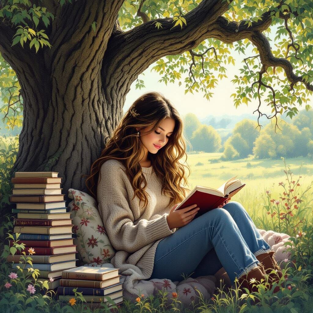 Cozy Reading Nook in Oak Tree, Kinkade Style