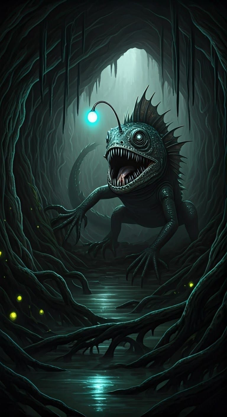 Demonic Anglerfish Lizard Hybrid in Dark Surrealist Style