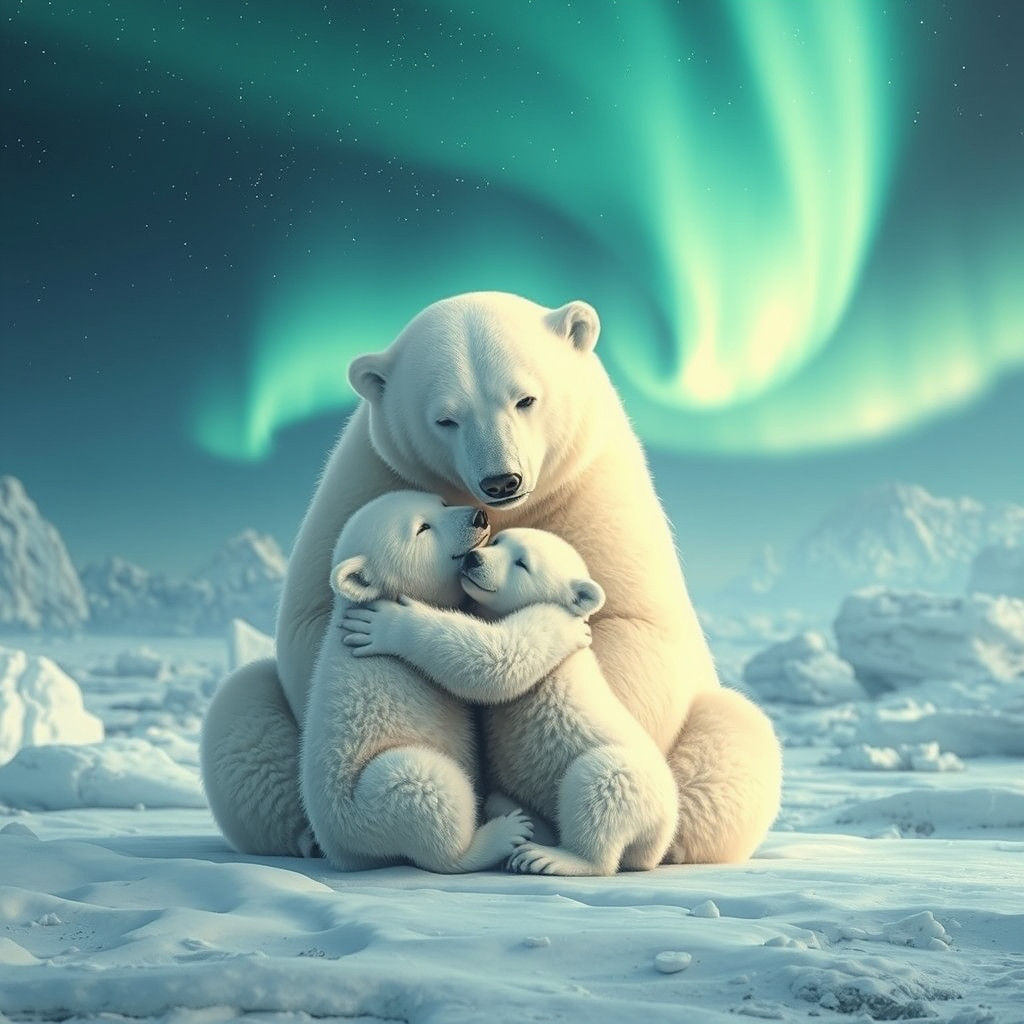 Polar Bear Cub and Mother Embrace in Arctic Landscape
