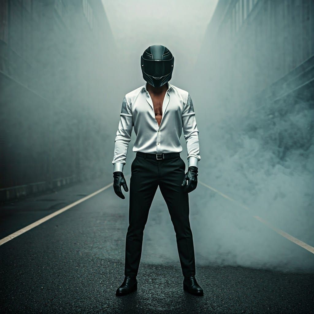 Confident Biker in Mysterious Grey Fog