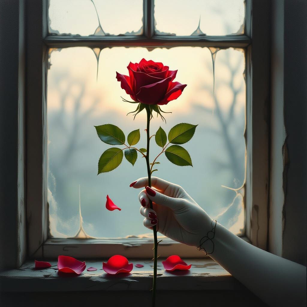 Wilting Rose Held by Cracked Porcelain Hand in Dreamlike Pai...