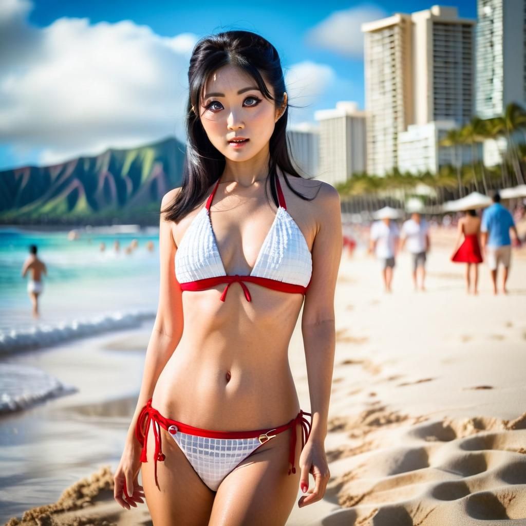 Hyperrealistic Portrait: Japanese Woman on Waikiki Beach