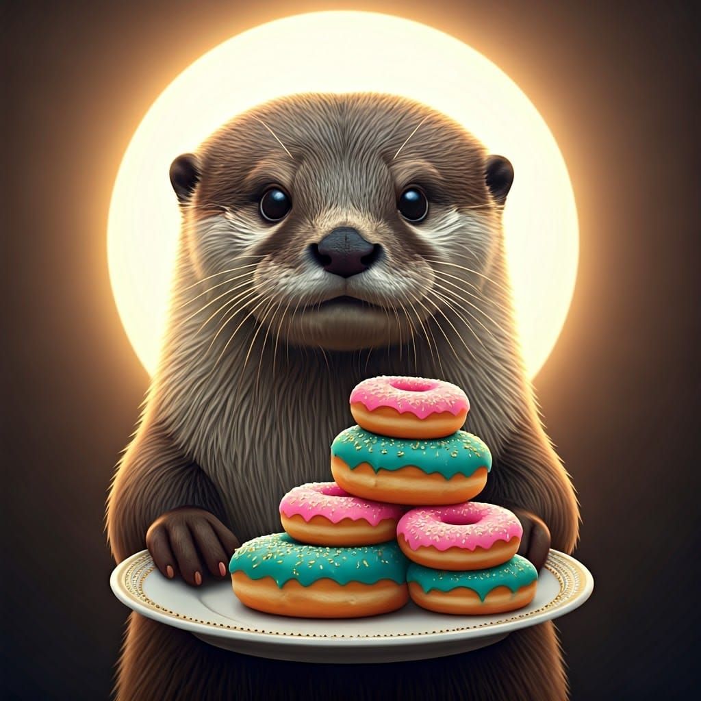 Whimsical Otter Holds Treasure Trove of Sparkling Donuts