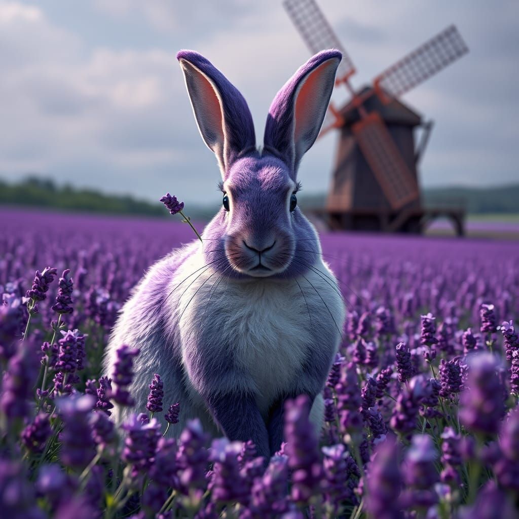 Purple Hare in Lavender Field, Hyper-Realistic Fantasy Art