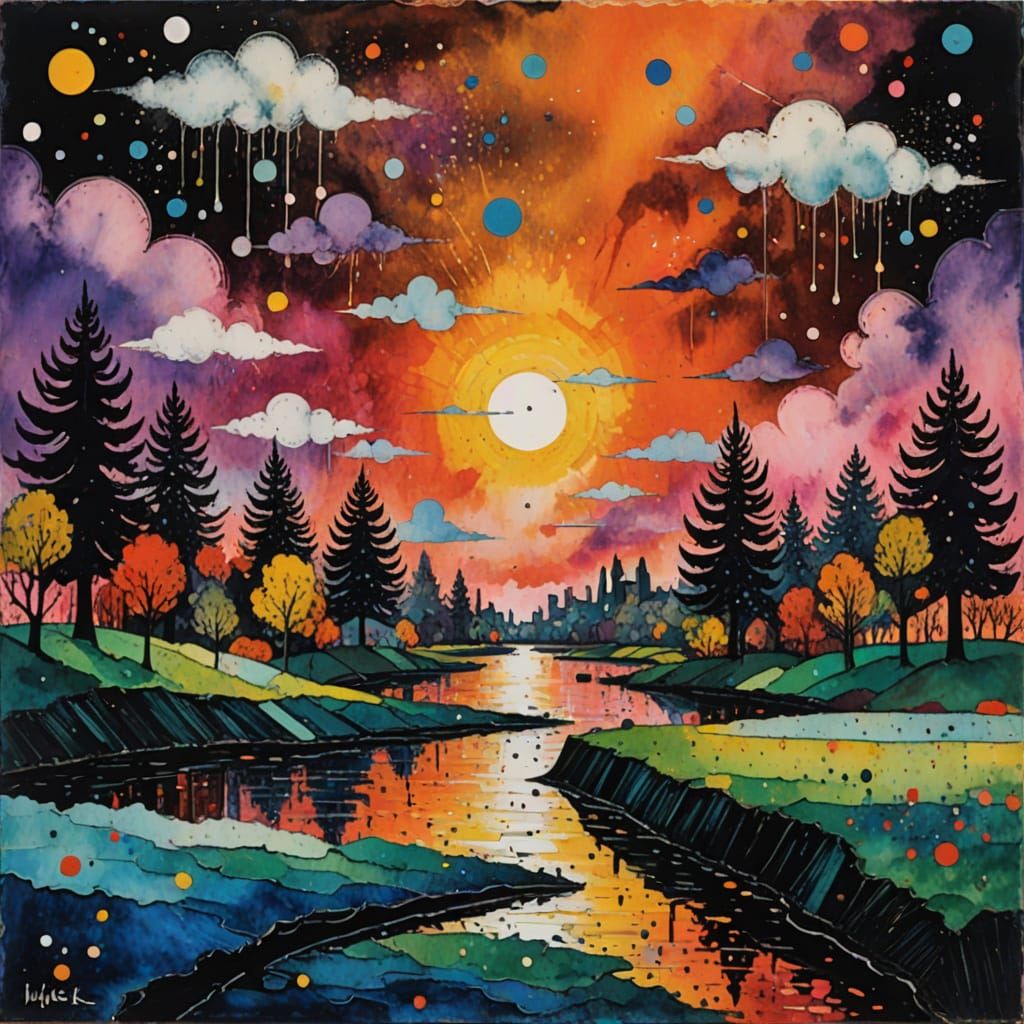 Miniature People with Fantasy Fireflies in Dreamy Clouds