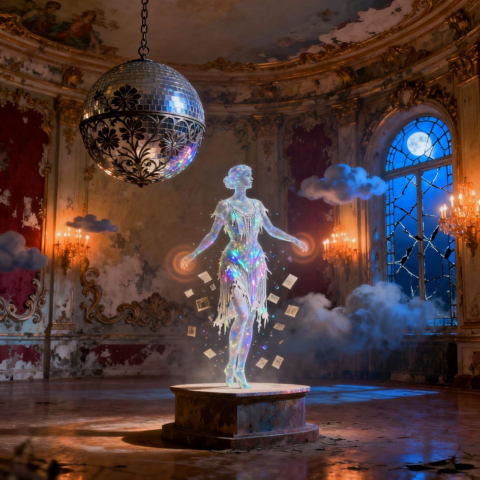 A delicate, antique disco ball made of wrought iron, suspend...