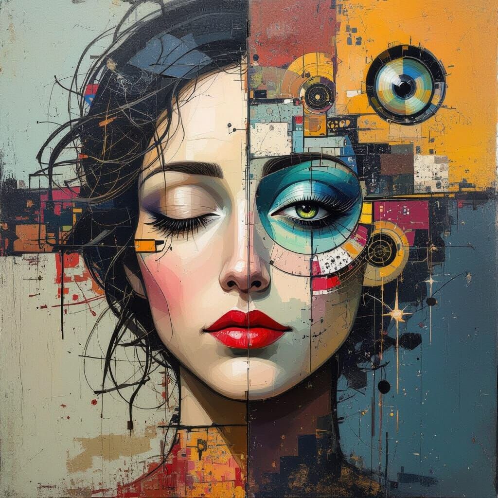 Abstract Surreal Mixed Media Artwork with Rolling Elements