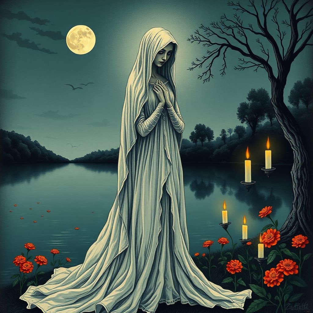 La Llorona by Moonlit Lake in Folk Art Style