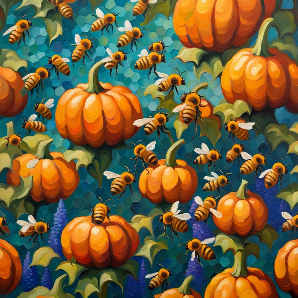 Bees Pollinating Pumpkin Flowers: Neo-Impressionist Oil Pain...