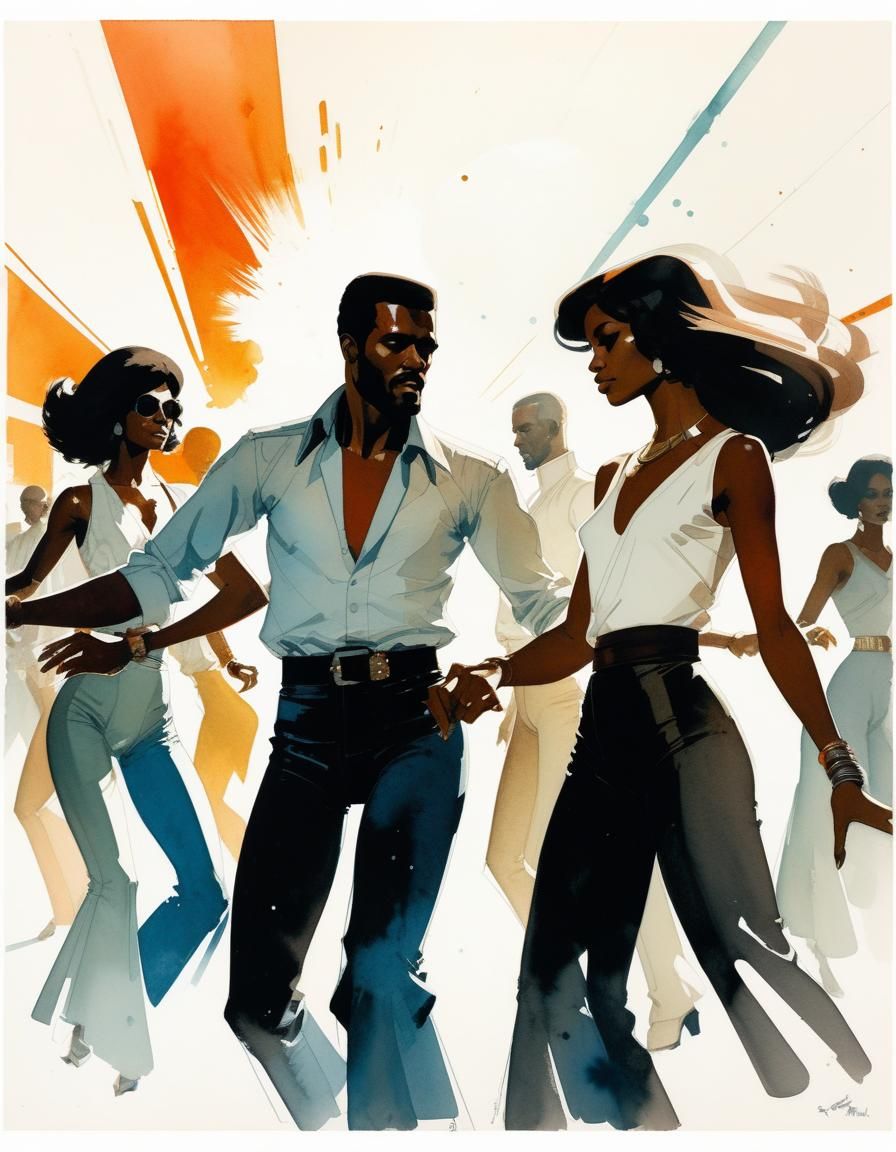1970s Disco Dancers in Watercolor Illustration