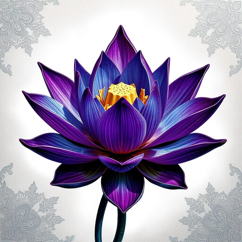 Exquisite High Art Lotus Flower in Ultramarine and Tyrian Pu...