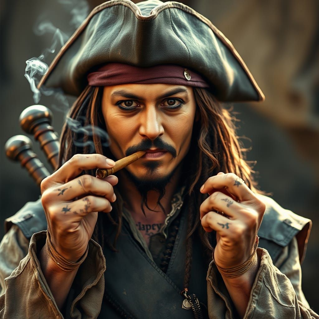 Captain Jack Sparrow in Pirate Attire, Sword and Cigar