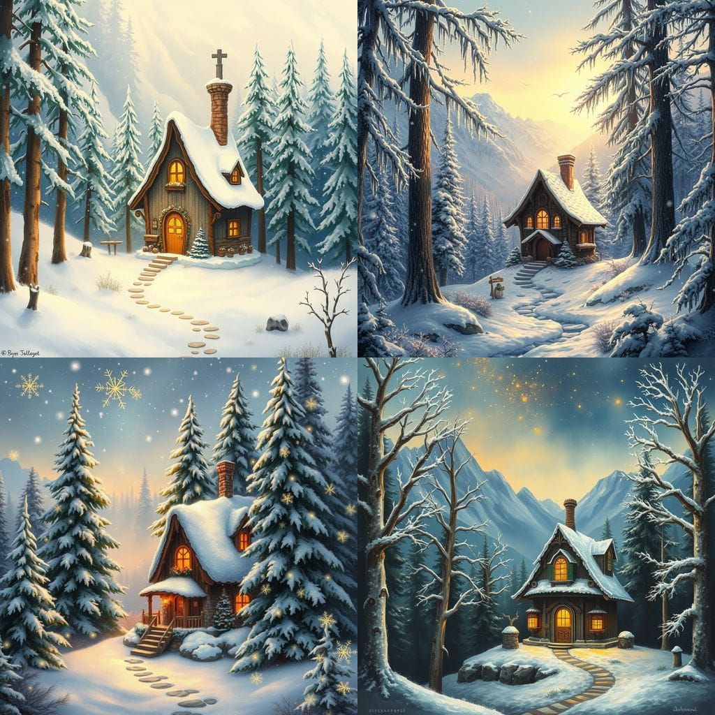 Fairy House Under Golden Snowflake Light in Winter Mountains