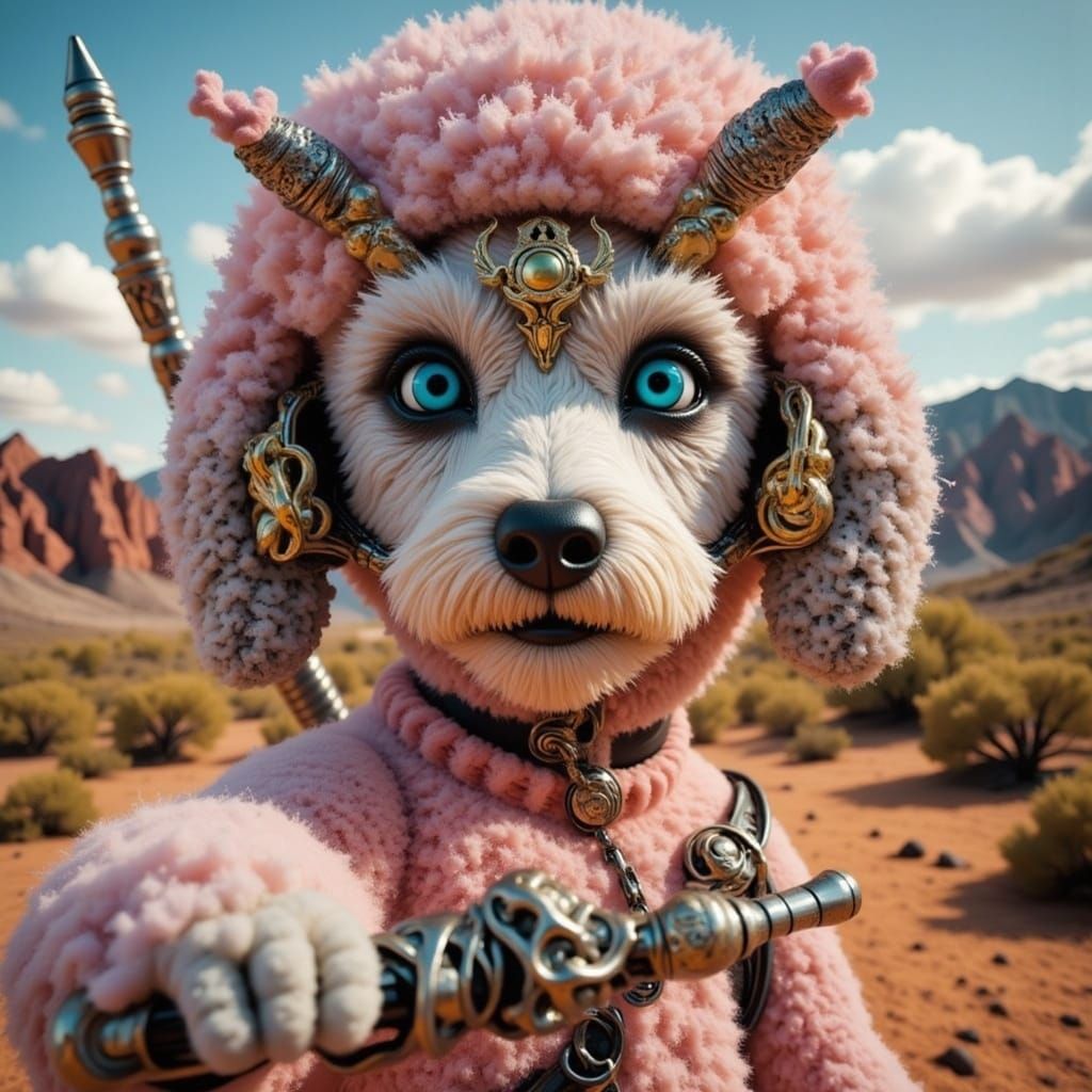 Ethereal Poodle Warrior in Desert Sunset