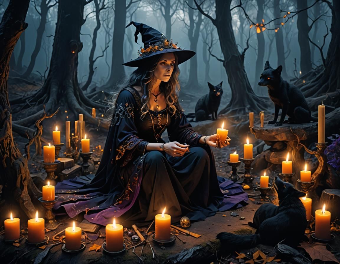 Mystical Witch Squatting in Ancient Forest, Fantasy Art