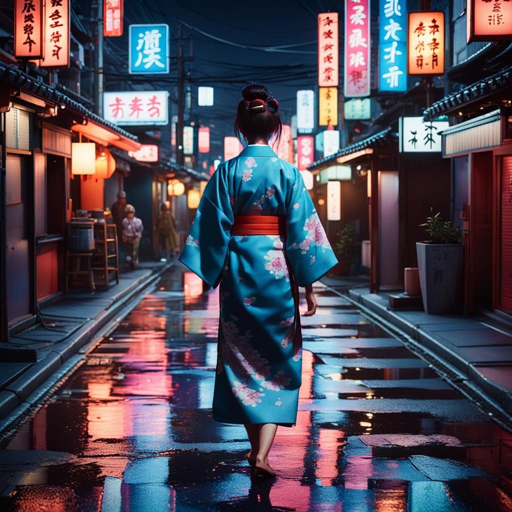 Japanese Woman in Kimono on Neon Street at Dusk