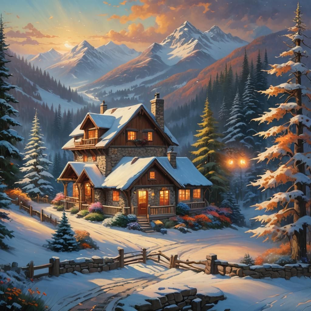 Idyllic Cottage at Mountain Peak in Kinkade Style