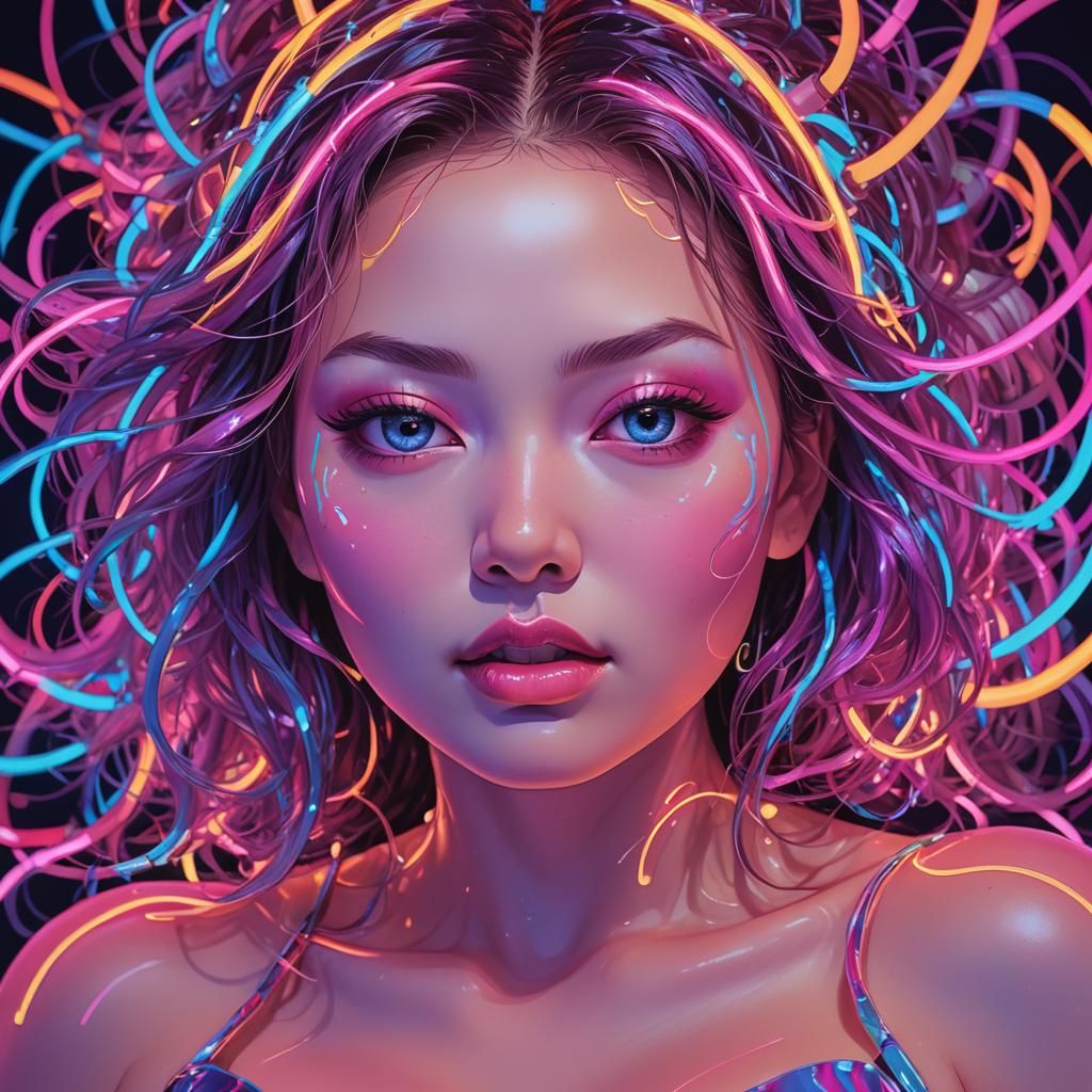 Neon Transformation: Voluptuous Woman in Vibrant Digital Art